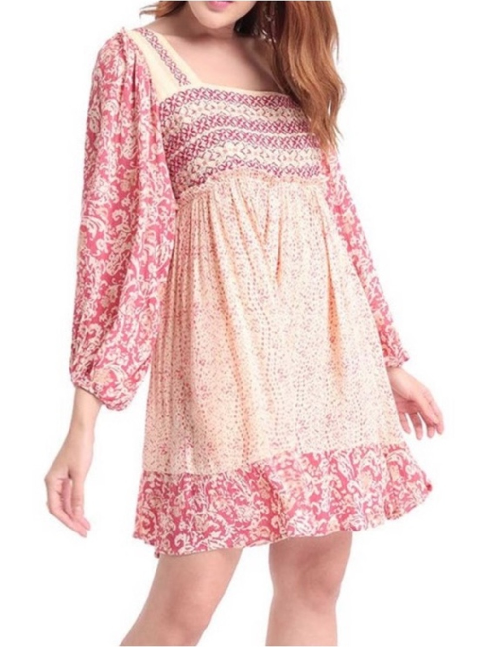 Myra Bag Pink and Cream Smocked Dress with Floral Trim, Women’s Size Small